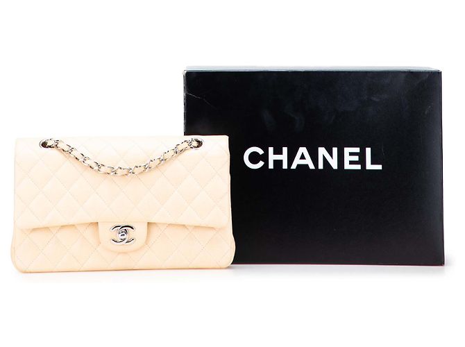 Chanel Marrone Medio Classico Caviar Doppia Patta Beige - vista 11