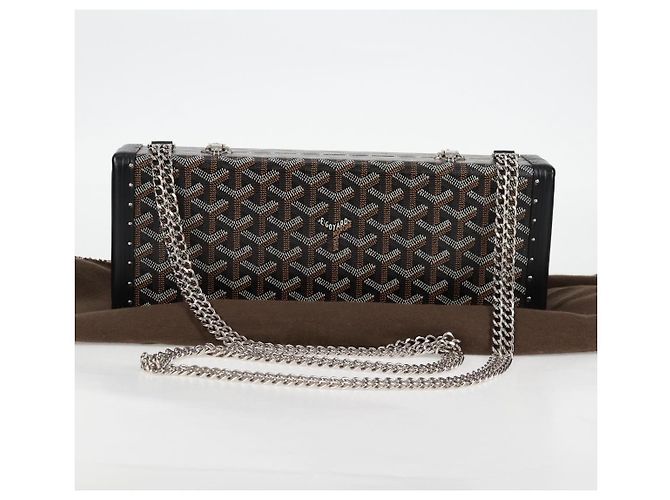 GOYARD Borsa a spalla con catena a spina di pesce in pelle PVC nera e argento Auth 115239SM Nero - vista 12