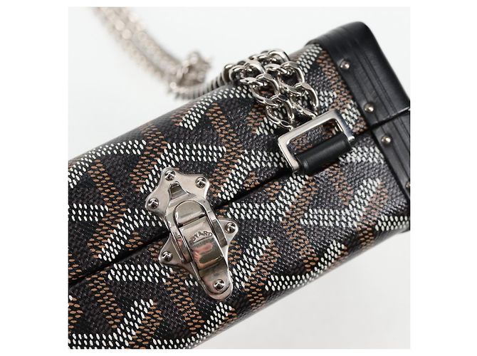 GOYARD Borsa a spalla con catena a spina di pesce in pelle PVC nera e argento Auth 115239SM Nero - vista 18