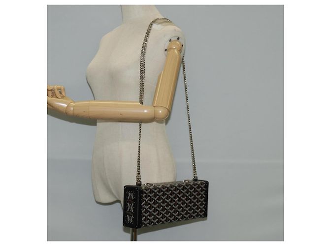 GOYARD Borsa a spalla con catena a spina di pesce in pelle PVC nera e argento Auth 115239SM Nero - vista 23