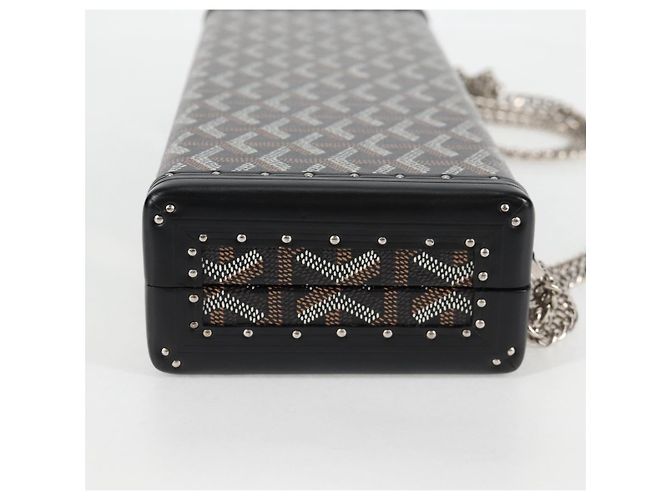 GOYARD Borsa a spalla con catena a spina di pesce in pelle PVC nera e argento Auth 115239SM Nero - vista 4