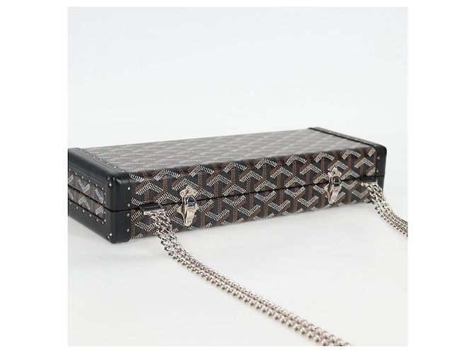 GOYARD Borsa a spalla con catena a spina di pesce in pelle PVC nera e argento Auth 115239SM Nero - vista 6