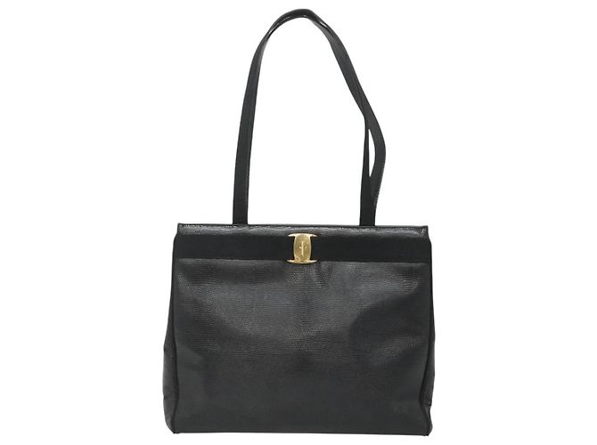 Borsa tote in pelle nera e oro Auth 125813 di Salvatore Ferragamo Nero D'oro - vista 13