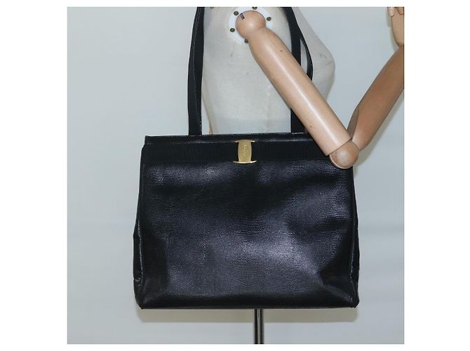 Borsa tote in pelle nera e oro Auth 125813 di Salvatore Ferragamo Nero D'oro - vista 19