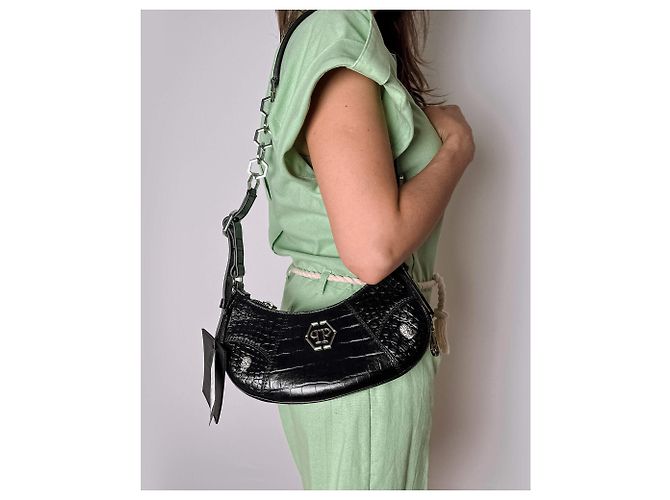 Philipp Plein Borsa a spalla Bowler in pelle stampata Croco Hexagon nera Nero - vista 2