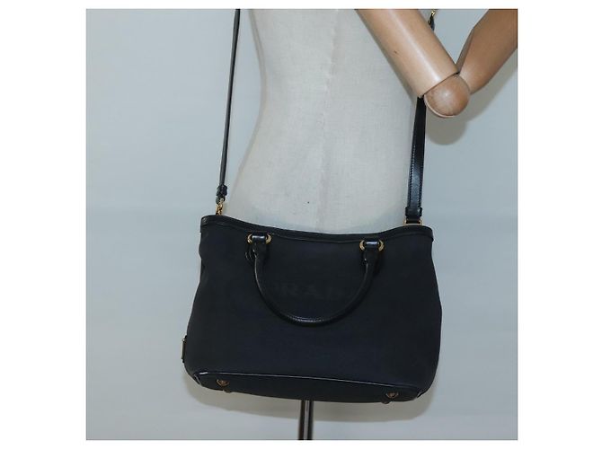 PRADA Borsa a mano in tela 2 vie Nero Oro Auth 125699 D'oro - vista 23