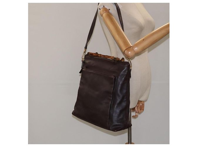 Borsa a mano in pelle GUCCI Bamboo 2 vie marrone scuro oro Auth 121135 D'oro - vista 23