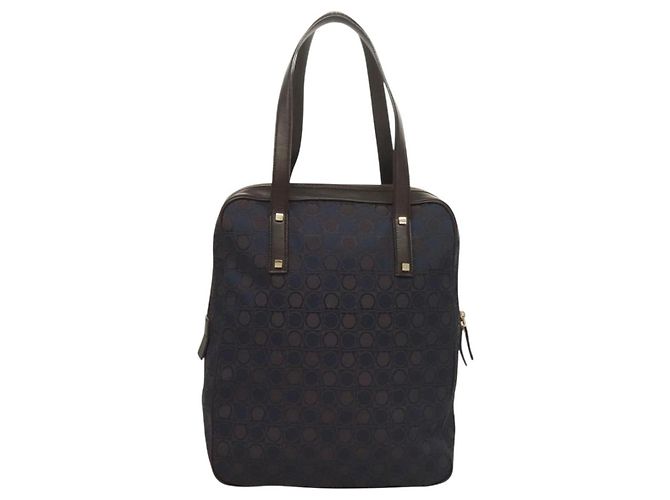 Borsa a mano Gancini in tela blu navy oro Auth BA3244 di Salvatore Ferragamo - vista 2