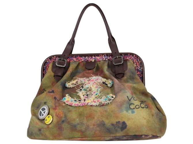 CHANEL Borsa a mano in tela e pelle ricamata graffiti khaki CC Auth 127134SM Cachi - vista 13