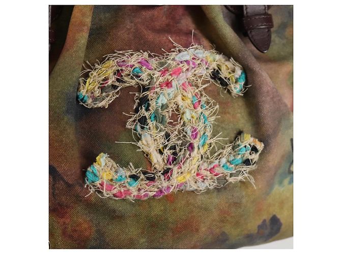 CHANEL Borsa a mano in tela e pelle ricamata graffiti khaki CC Auth 127134SM Cachi - vista 19