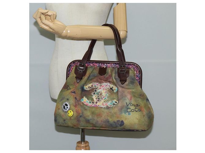 CHANEL Borsa a mano in tela e pelle ricamata graffiti khaki CC Auth 127134SM Cachi - vista 26