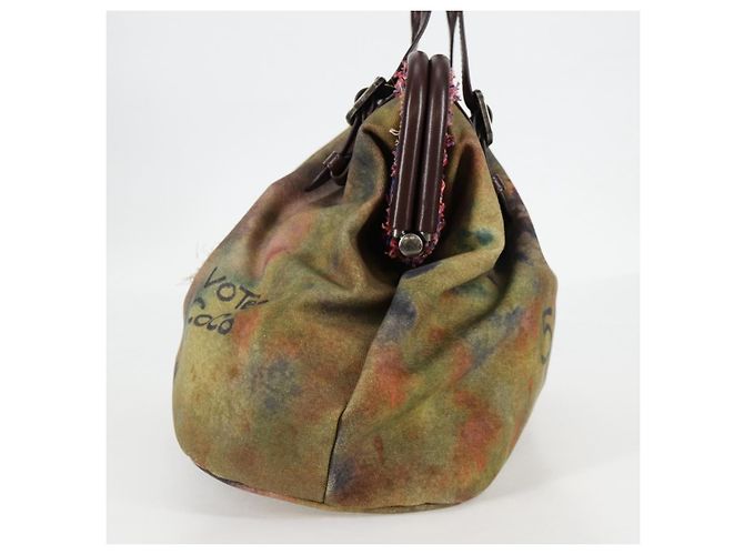 CHANEL Borsa a mano in tela e pelle ricamata graffiti khaki CC Auth 127134SM Cachi - vista 3