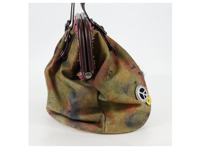 CHANEL Borsa a mano in tela e pelle ricamata graffiti khaki CC Auth 127134SM Cachi - vista 4