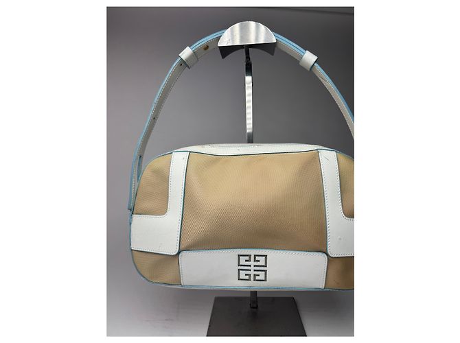 Vintage Givenchy 4G Leder Baumwolltasche blau weiß beige - Ansicht 6