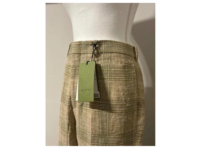 Gucci Check Pattern Flared Pants Beige Silk Cotton Linen - view 2