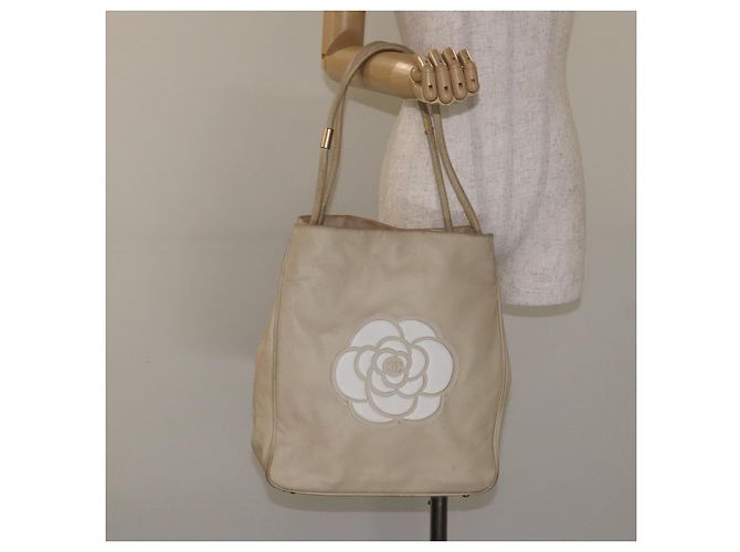CHANEL Borsa Tote Camelia Pelle di Pecora Beige Oro CC Auth 130498 D'oro - vista 21
