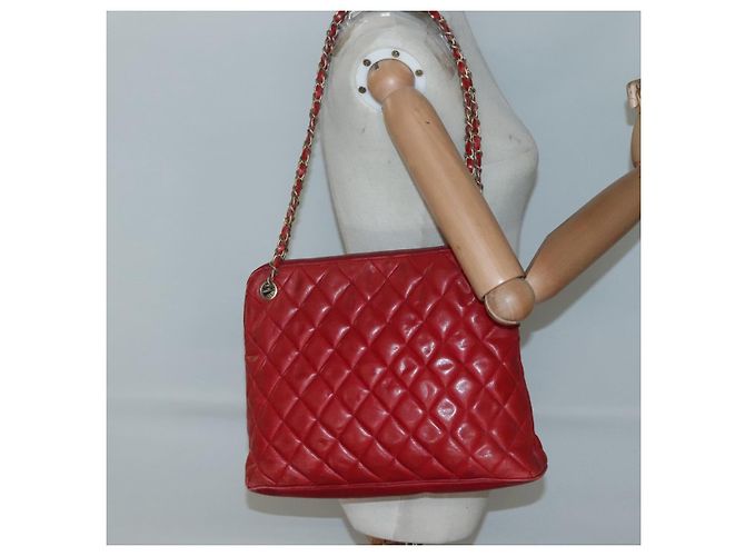 CHANEL Matelassierte Kette Schultertasche Lammleder Rot Gold CC Auth BA3499 Golden - Ansicht 21