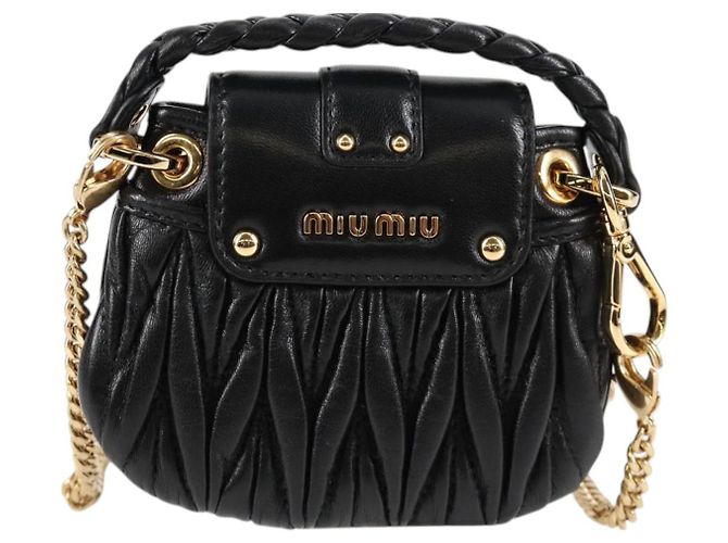 Borsa a spalla Miu Miu Matelassé Chain Pouch in pelle nera e oro Auth 128140SM Nero D'oro - vista 2