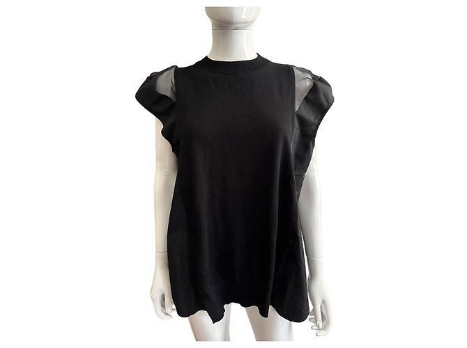 Top de punto negro Sacai de algodón y tul - vista 10