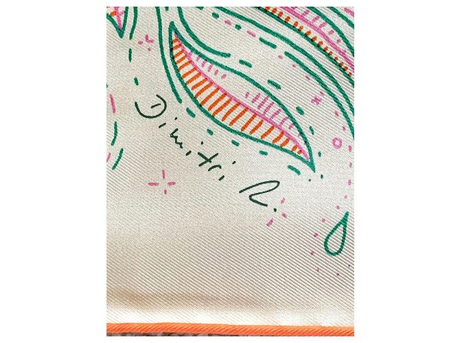 Hermès 90 Quadrat Bitte Halten Sie die Linie Vanille / Blau / Orange – Neu mit Etikett - Ansicht 2