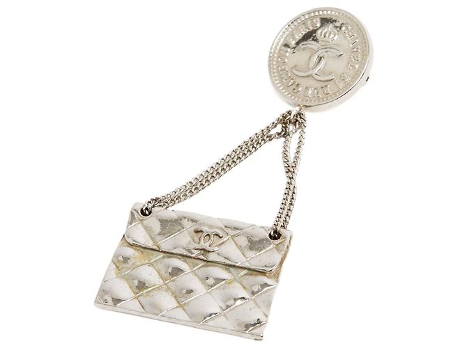 Chanel 1990 Spilla CC Borsa Classica Senza Tempo Spilla in Metallo Argento - vista 2
