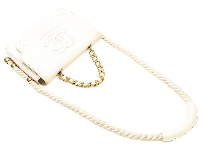 Chanel Branco Couro Amassado En Vogue Flap Corda Cru - vista 12
