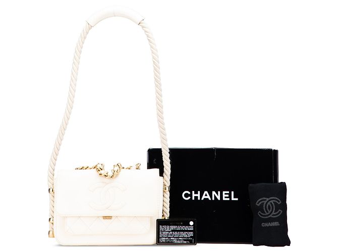 Chanel Branco Couro Amassado En Vogue Flap Corda Cru - vista 14