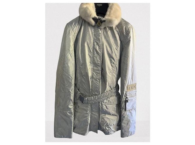 Fendi Silver Metallic Nylon Jacket with Fur Collar Silvery - view 2