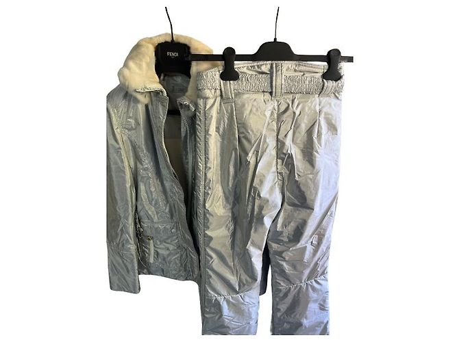 Fendi Silver Metallic Nylon Jacket with Fur Collar Silvery - view 3
