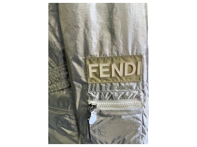 Fendi Silver Metallic Nylon Jacket with Fur Collar Silvery - view 4