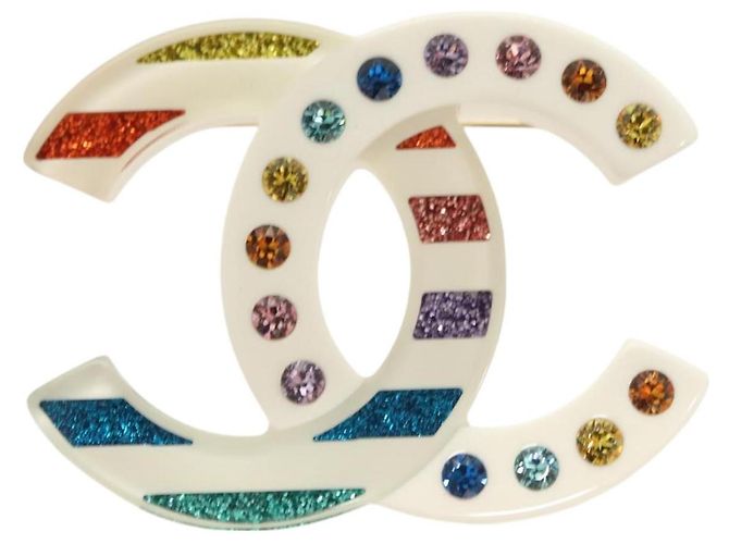 Spilla in plastica CHANEL COCO Mark con strass bianchi CC Auth BA3099 Bianco - vista 2