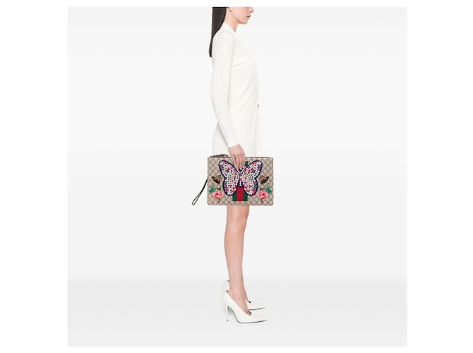 Clutch Farfalla Gucci Brown GG Supreme Web Marrone Beige - vista 13