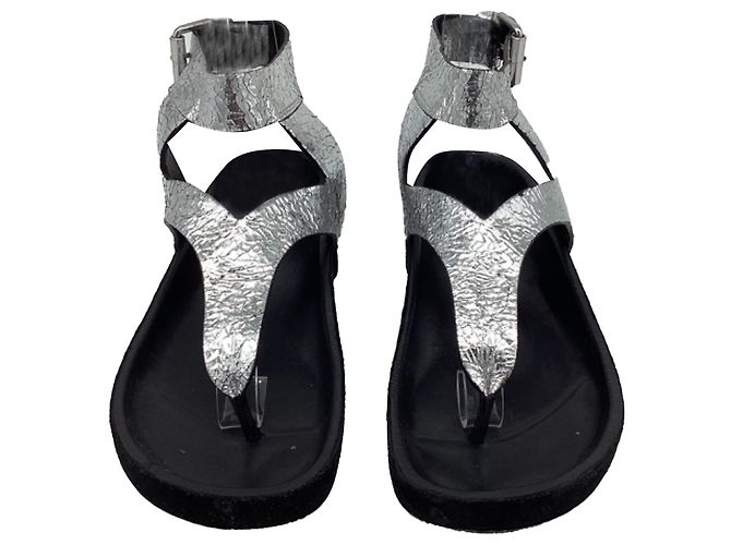Isabel Marant Ankle Strap Flat Sandals in Metallic Silver Leather Silvery - view 2