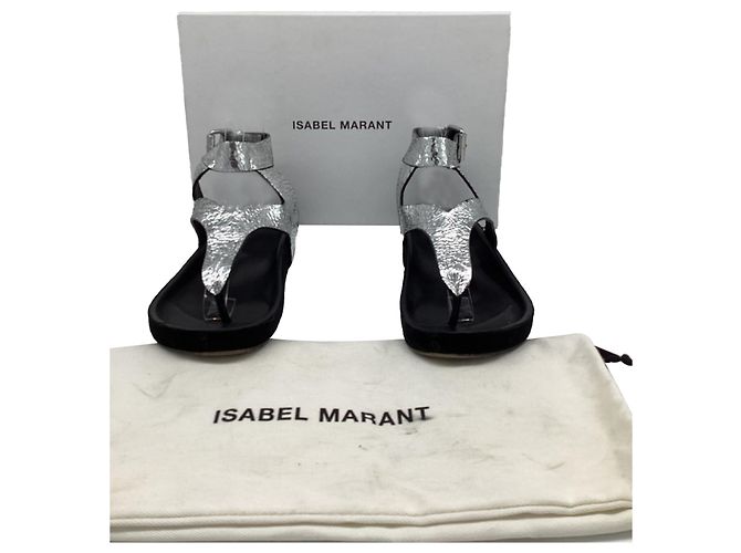 Isabel Marant Ankle Strap Flat Sandals in Metallic Silver Leather Silvery - view 4