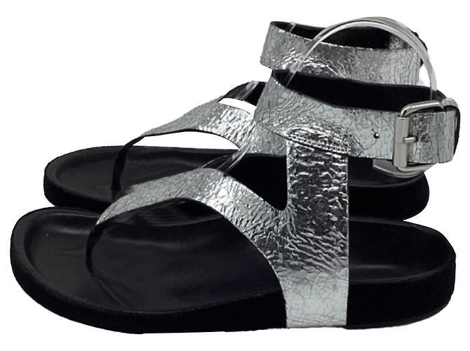 Isabel Marant Ankle Strap Flat Sandals in Metallic Silver Leather Silvery - view 5