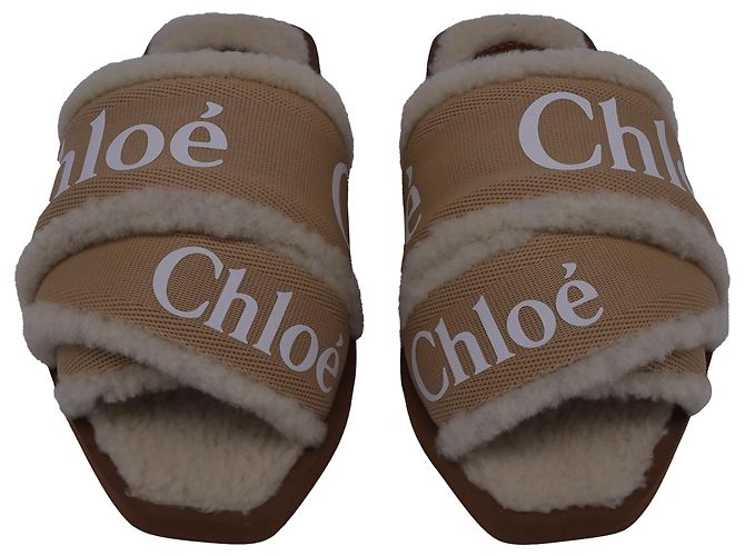 Chloé Chloe Woody Shearling Flat Slides in Beige Canvas - view 2