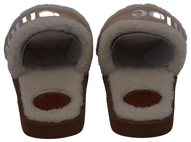 Chloé Chloe Woody Shearling Flat Slides in Beige Canvas - view 3