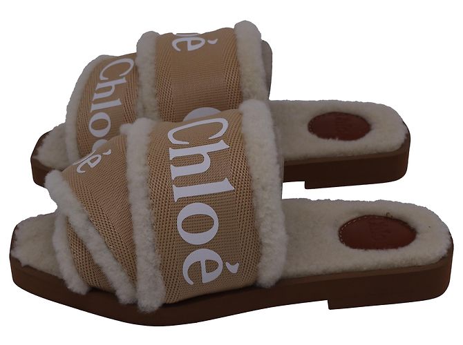 Chloé Chloe Woody Shearling Flat Slides in Beige Canvas - view 4