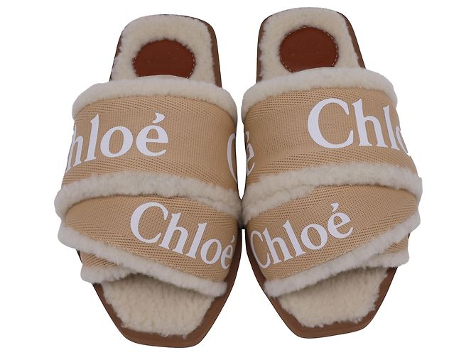 Chloé Chloe Woody Shearling Flat Slides in Beige Canvas - view 6