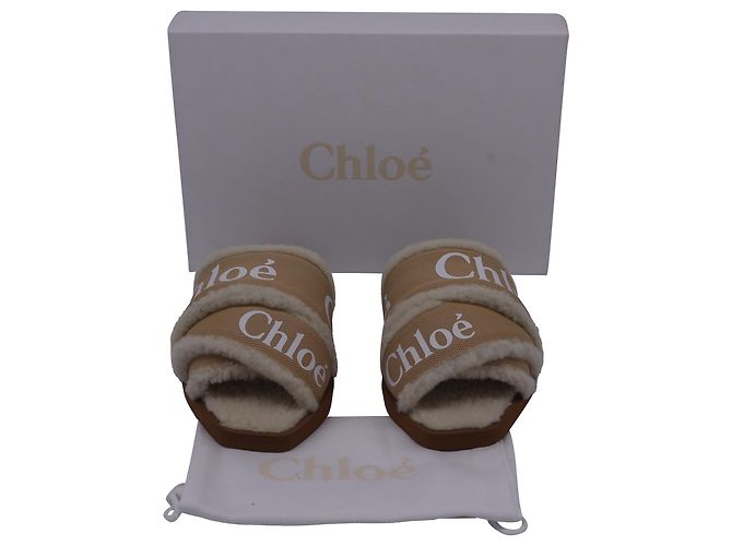 Chloé Chloe Woody Shearling Flat Slides in Beige Canvas - view 7