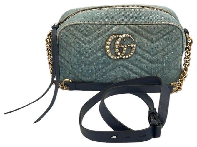 Borsa a tracolla Gucci GG Marmont in denim blu trapuntato - vista 4
