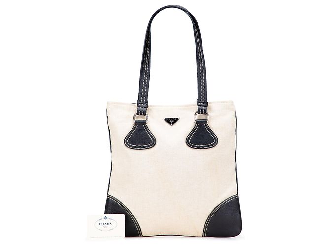 Prada Braune Vitello-besetzte Canvas Canapa Tote Beige - Ansicht 13