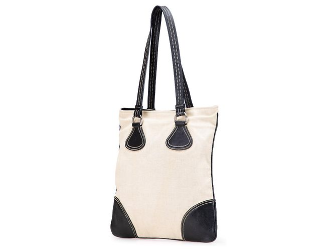 Prada Braune Vitello-besetzte Canvas Canapa Tote Beige - Ansicht 2