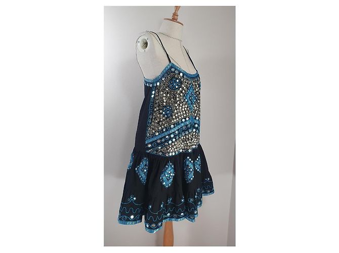 Abito Juliet Dunn in cotone con paillettes nero e turchese - vista 3