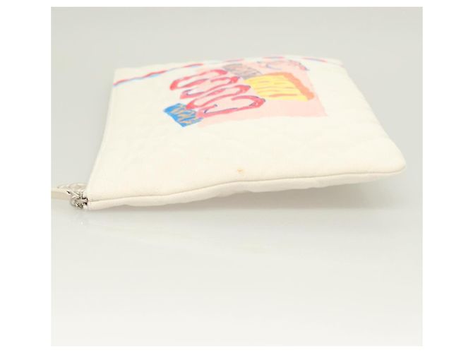 CHANEL Matelassé Bolsa Clutch Lona Branca Prata CC Auth bs27077V Branco - vista 4