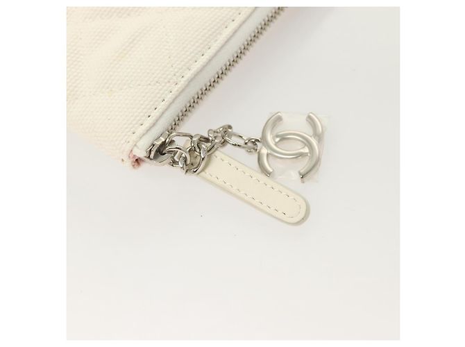 CHANEL Matelassé Bolsa Clutch Lona Branca Prata CC Auth bs27077V Branco - vista 8