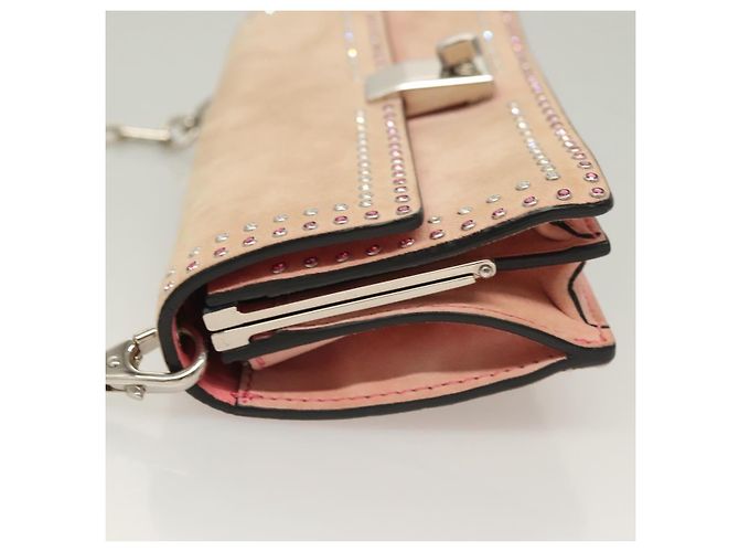 VALENTINO Borsa a spalla con catena di strass in suede rosa argento Auth BA3802 - vista 4