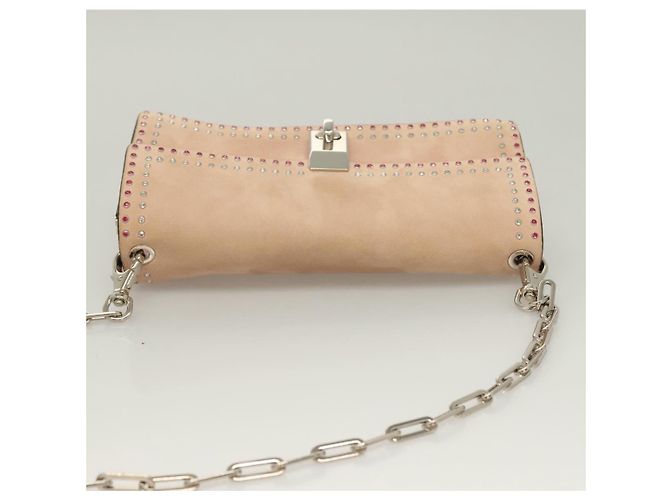 VALENTINO Borsa a spalla con catena di strass in suede rosa argento Auth BA3802 - vista 6