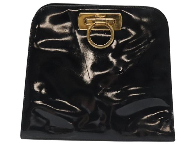 Borsa a Spalla Gancini Chain di Salvatore Ferragamo Smalto Nero Oro Auth 128633 - vista 2