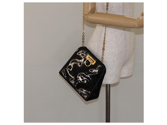 Borsa a Spalla Gancini Chain di Salvatore Ferragamo Smalto Nero Oro Auth 128633 - vista 20